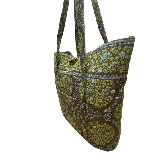 Vera Bradley Women’s Green Brown Quilted Floral Pattern Zipper Pocket Tote Bag - Picture 3 of 13